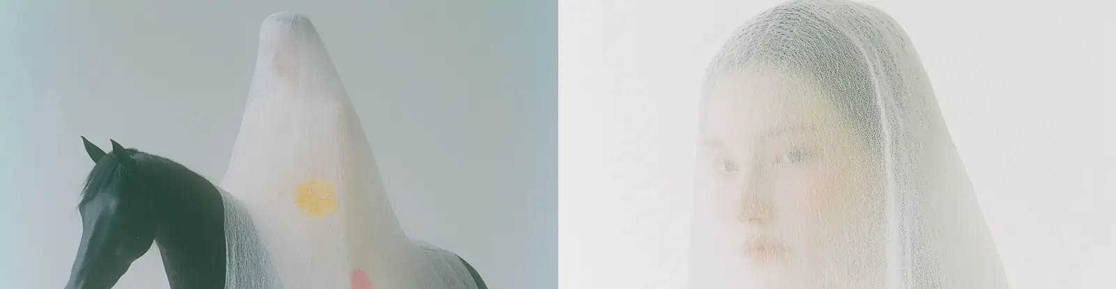 创意蒙面白纱美女模特骑马抽象艺术摄影海报midjourney关键词咒语