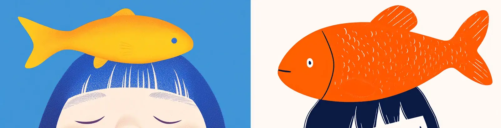 手绘动漫可爱卡通扁平化短发女孩漂浮鱼冥想插图海报midjourney关键词咒语