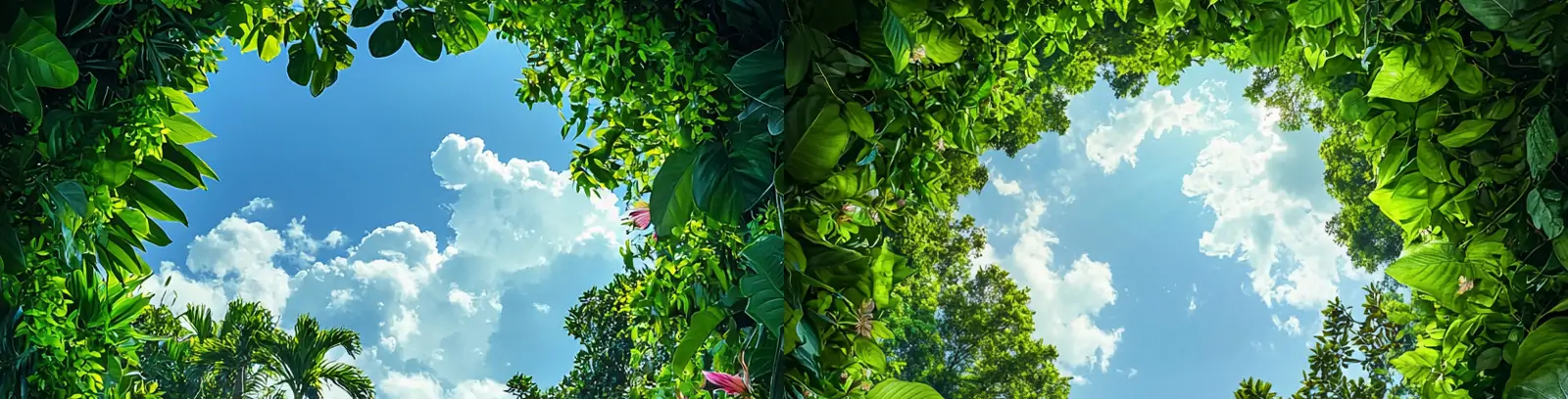 茂密丛林绿色植物树叶圆形洞口蓝色天空海报背景midjourney关键词咒语