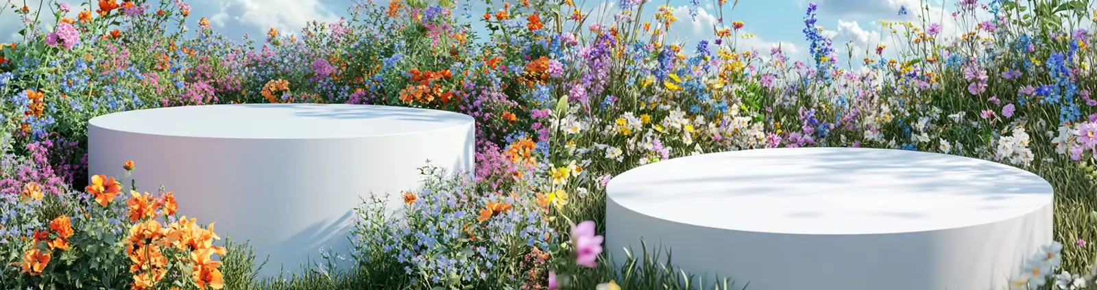 蓝天白云鲜花植物自然户外圆形展台场景海报背景midjourney关键词咒语