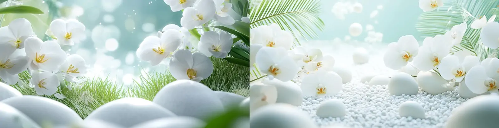 3D立体梦幻清新绿色春天鲜花植物草地石头光影摄影海报背景midjourney关键词咒语