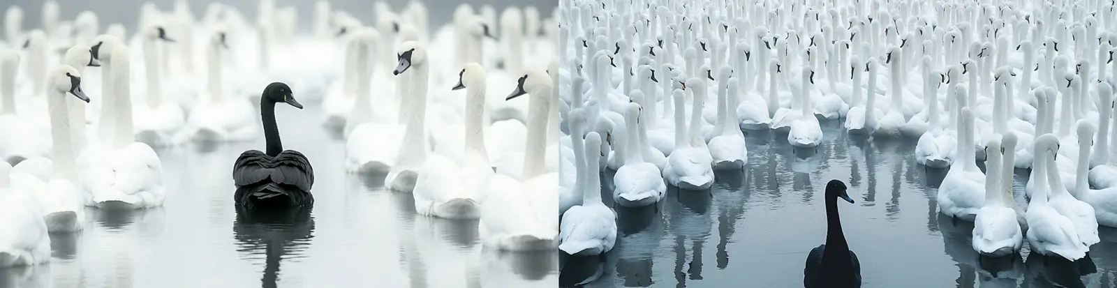 孤独白天鹅包围黑天鹅平静湖面逼真立体场景摄影海报midjourney关键词咒语