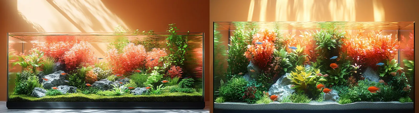 超现实主义鱼缸水族馆岩石水草灯光布景宁静自然氛围摄影海报midjourney关键词咒语