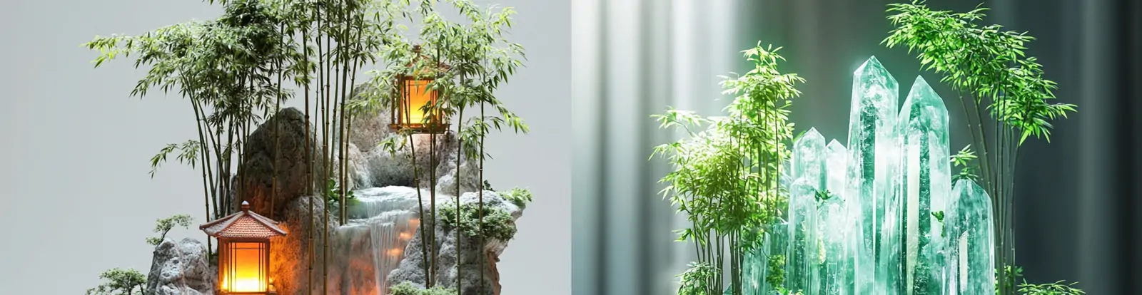 3D立体微型自然山水竹林流水造景梦幻灯光场景摄影海报midjourney关键词咒语