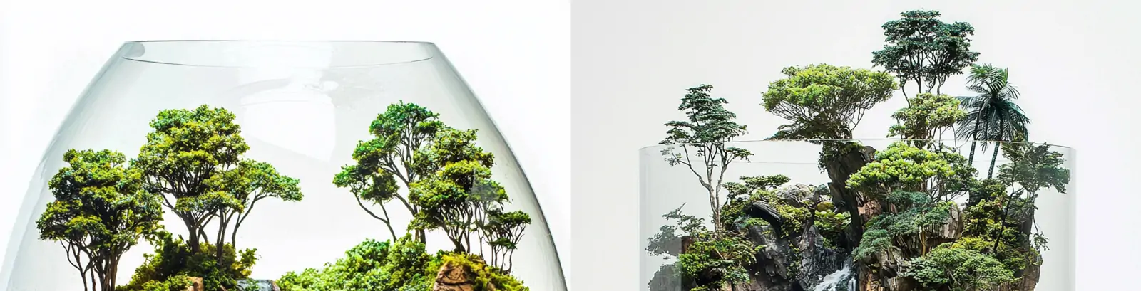 3D立体玻璃缸微型自然高山流水悬崖瀑布造景场景摄影海报midjourney关键词咒语