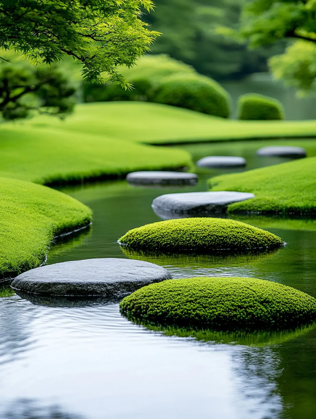 绿色自然池塘花园植物岩石场景摄影照片海报midjourney关键词咒语 - Ai宇宙吧--Ai宇宙吧-