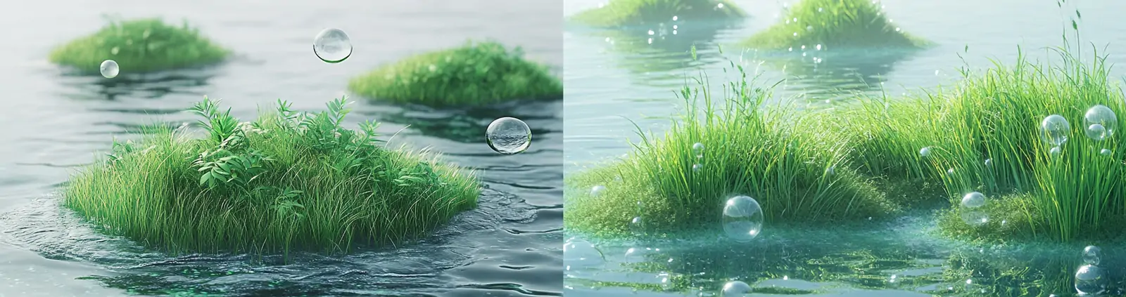 宁静绿色湖面水草漂浮气泡自然景观场景摄影海报midjourney关键词咒语