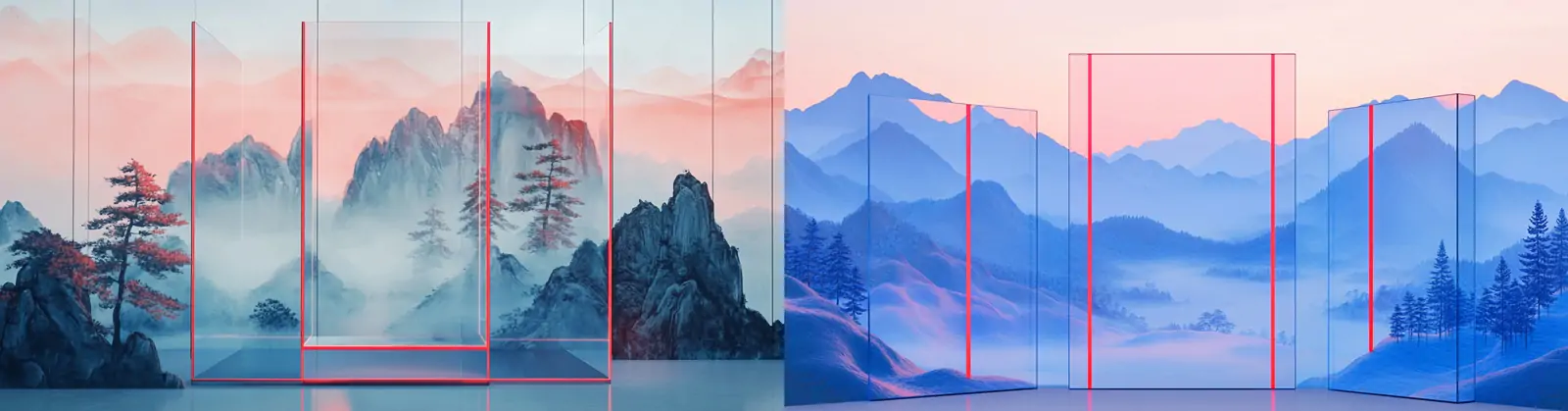 极简主义中国风蓝色玻璃屏风自然山水画场景空间摄影海报midjourney关键词咒语