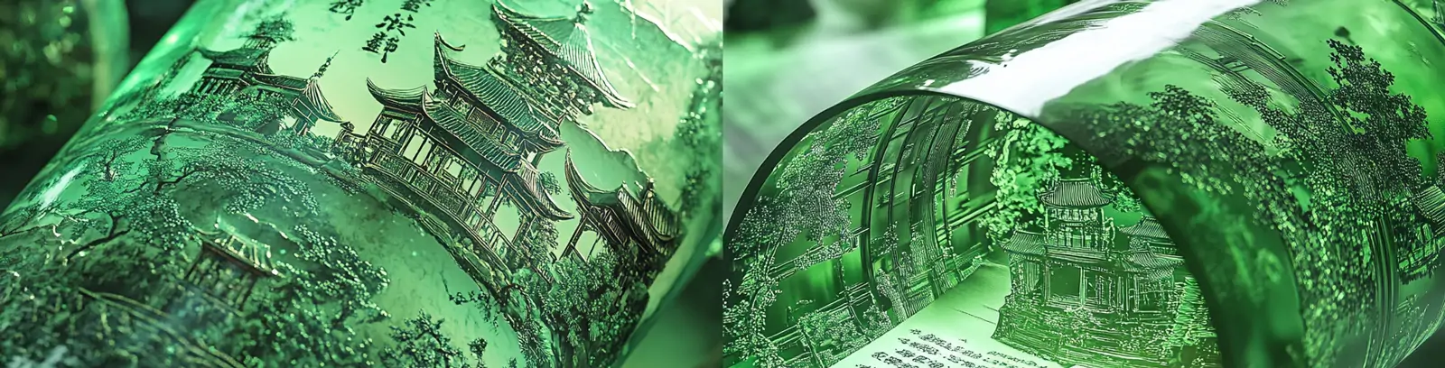 绿色中国风三维立体古风透明卷轴建筑景观剪纸工艺雕塑模型midjourney关键词咒语