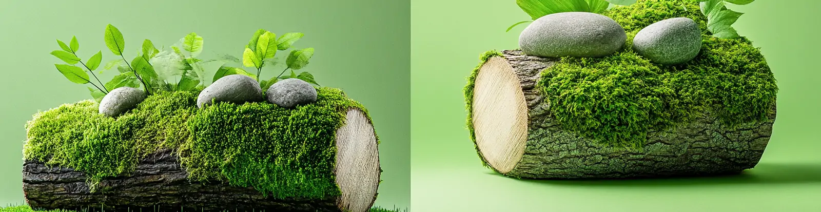 极简主义绿色原木苔藓岩石树叶植物立体艺术商业产品摄影海报midjourney关键词咒语