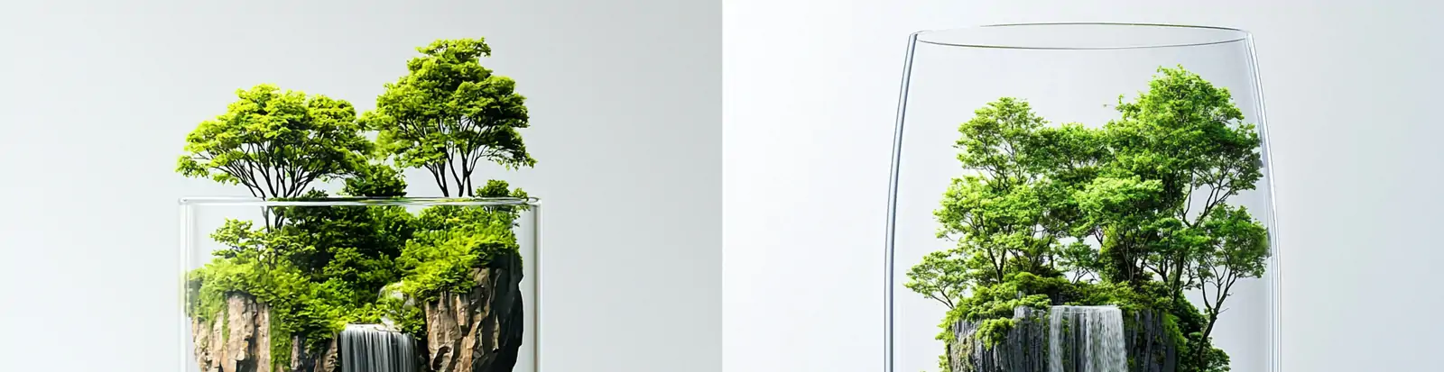 创意玻璃缸自然山水树木悬崖瀑布景观装饰品摄影海报midjourney关键词咒语