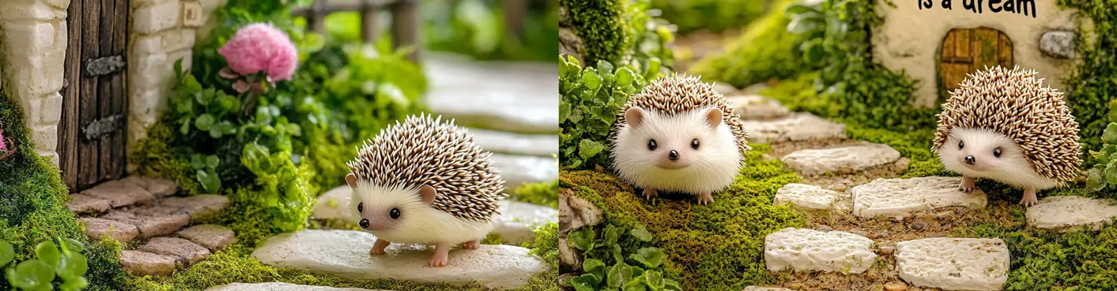 宁静神秘花园鹅卵石刺猬小木屋鲜花植物梦幻场景插图海报midjourney关键词咒语