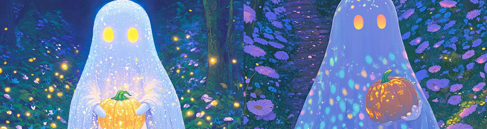 复古动漫水彩艺术万圣节可爱鬼魂幽灵南瓜灯插图海报midjourney关键词咒语