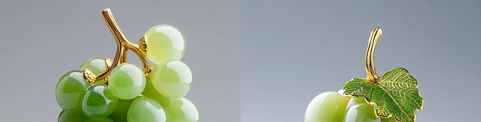 现实主义绿色逼真立体翠玉葡萄烫金装饰工艺品产品摄影海报midjourney关键词咒语