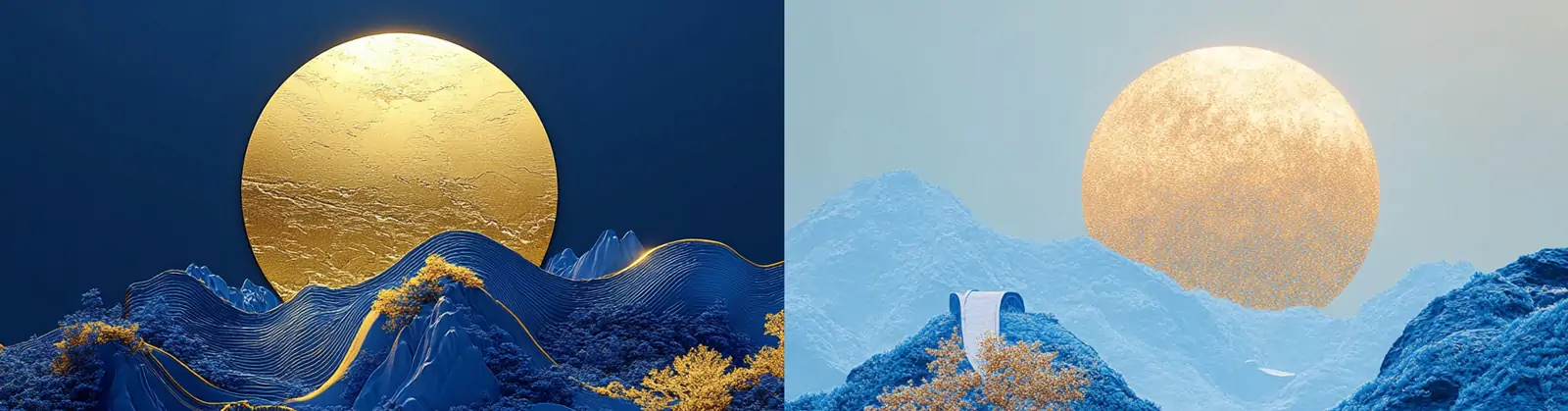 中国风蓝色钴蓝长城山脉树木自然景观月亮场景海报背景midjourney关键词咒语