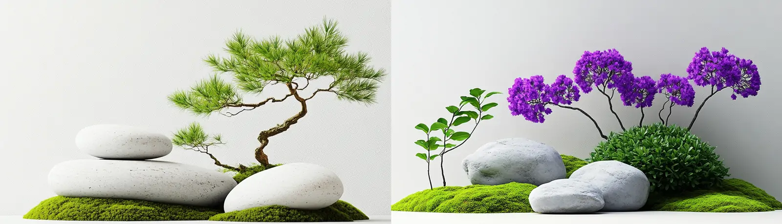 中国风禅意绿色植物苔藓岩石山水画园林建筑景观艺术摄影海报midjourney关键词咒语