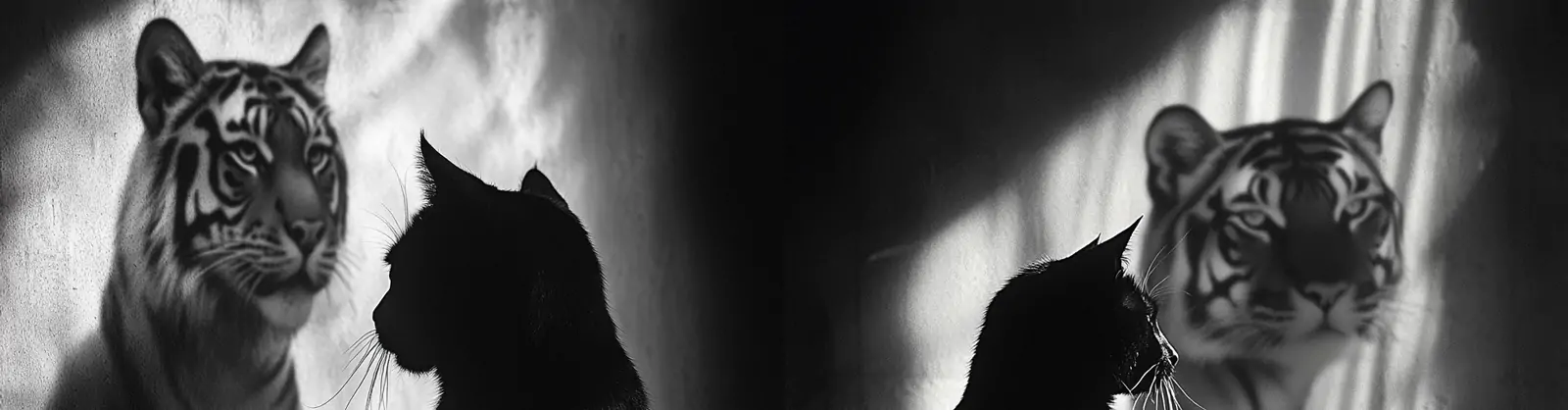 创意黑白动物猫咪老虎对视照猫画虎艺术光影镜头摄影海报midjourney关键词咒语