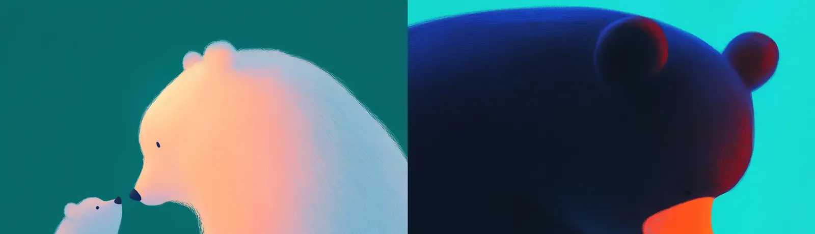 手绘可爱卡通个性化动物熊女孩对视场景插图绘画海报midjourney关键词咒语