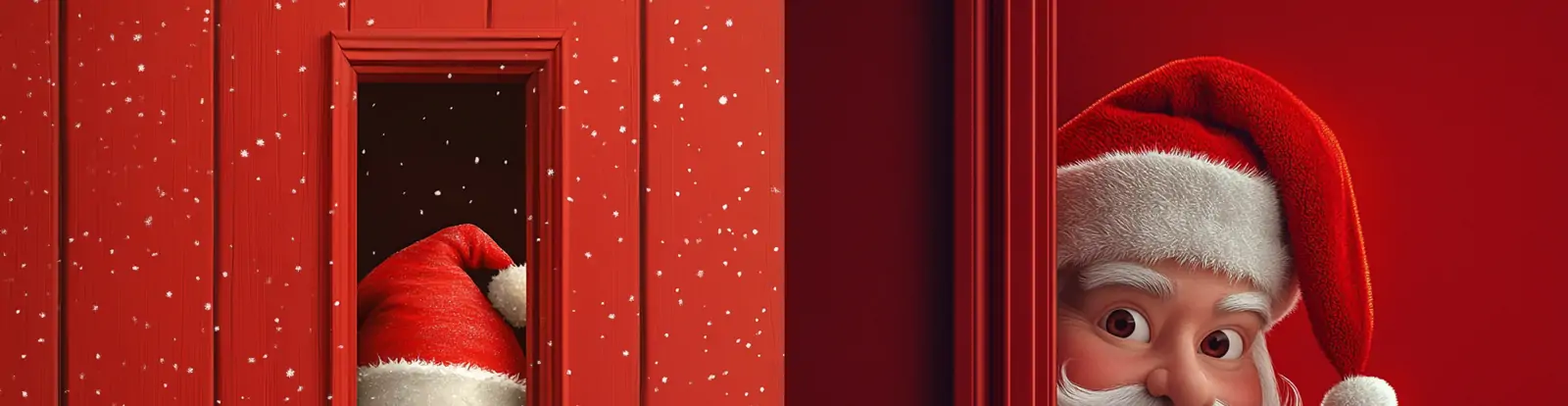 红色卡通三维立体圣诞节可爱圣诞老人门后偷看海报背景midjourney关键词咒语