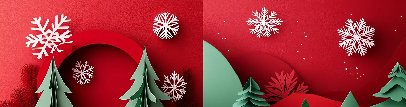 红色圣诞节圣诞树礼物装饰节日气氛剪纸艺术圆形展台空间海报背景midjourney关键词咒语