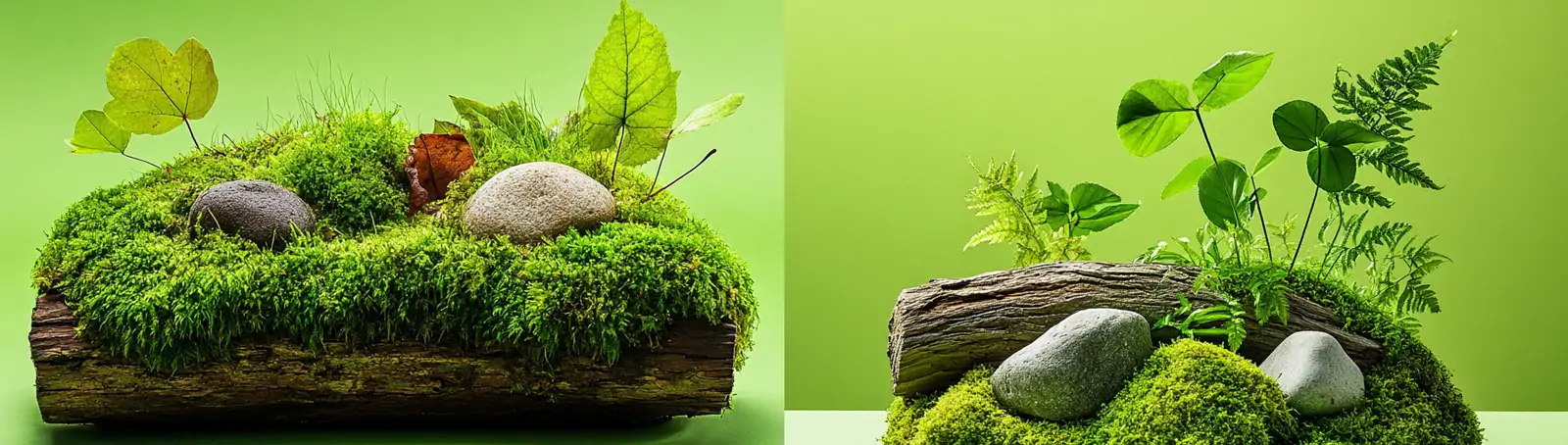 极简主义绿色岩石树木苔藓鲜花植物树叶静物微距艺术摄影海报midjourney关键词咒语