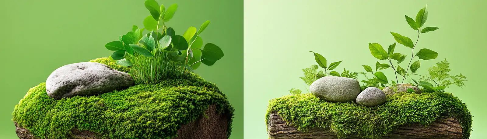 极简主义绿色岩石树木苔藓鲜花植物树叶静物微距艺术摄影海报midjourney关键词咒语