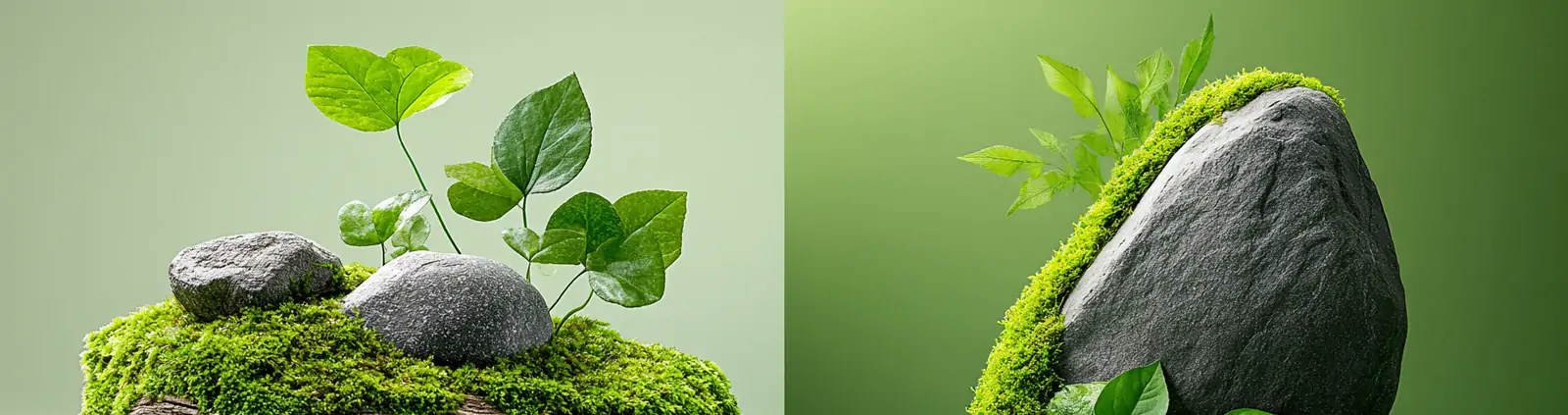 极简主义绿色岩石树木苔藓植物树叶静物微距艺术摄影海报midjourney关键词咒语