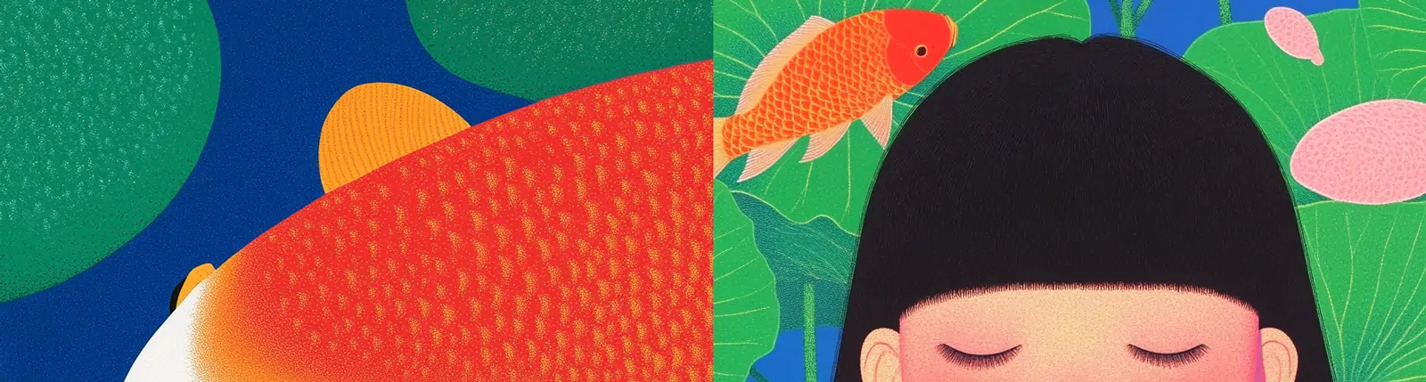手绘卡通荷塘巨型红色金鱼艺术插图绘画海报midjourney关键词咒语