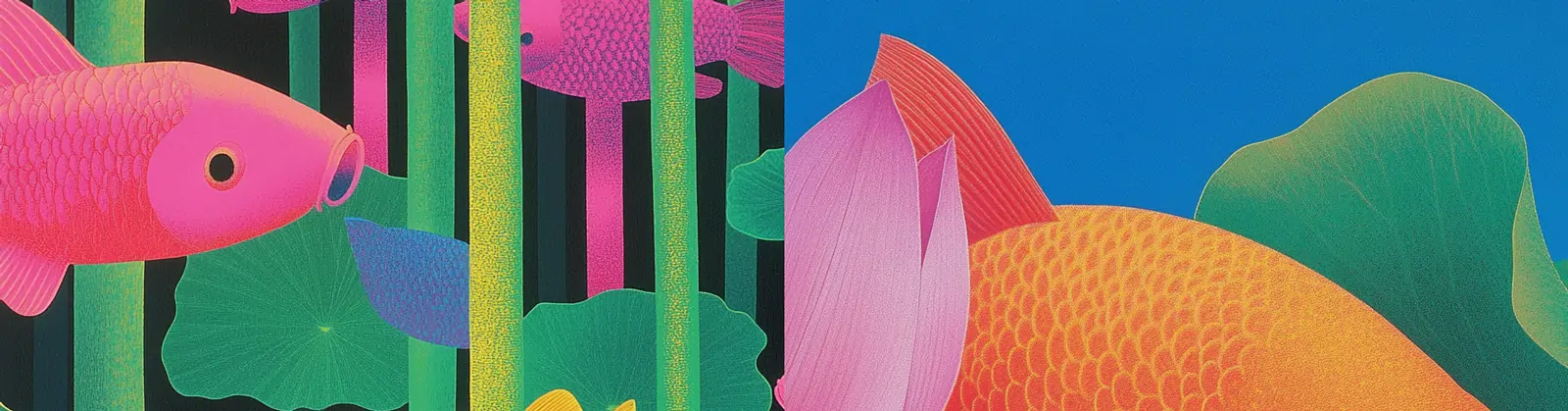 手绘卡通荷塘池塘红色金鱼艺术插图绘画海报midjourney关键词咒语