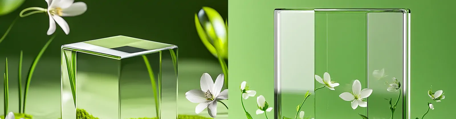 绿色透明玻璃塑料立方体鲜花植物苔藓草地水波纹场景海报midjourney关键词咒语
