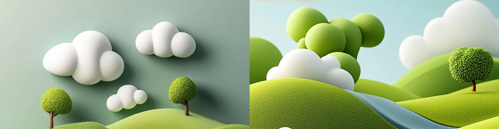 3D立体可爱卡通风格绿色草原树木云朵场景插图海报midjourney关键词咒语