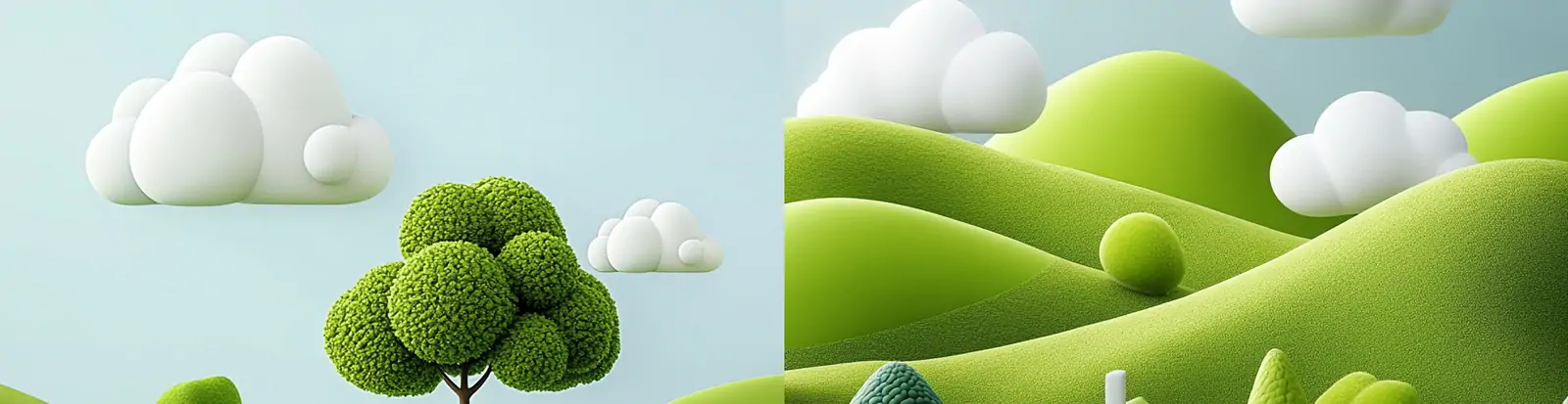 3D立体可爱卡通风格绿色草原树木云朵场景插图海报midjourney关键词咒语