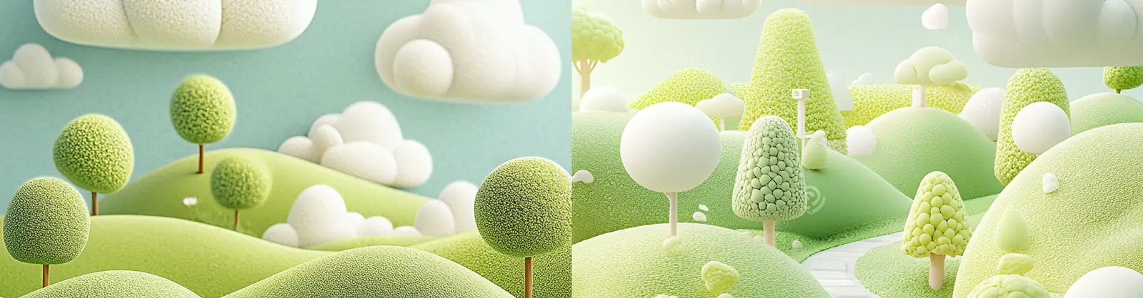 3D立体可爱圆形卡通风格绿色草原树木云朵场景插图海报midjourney关键词咒语