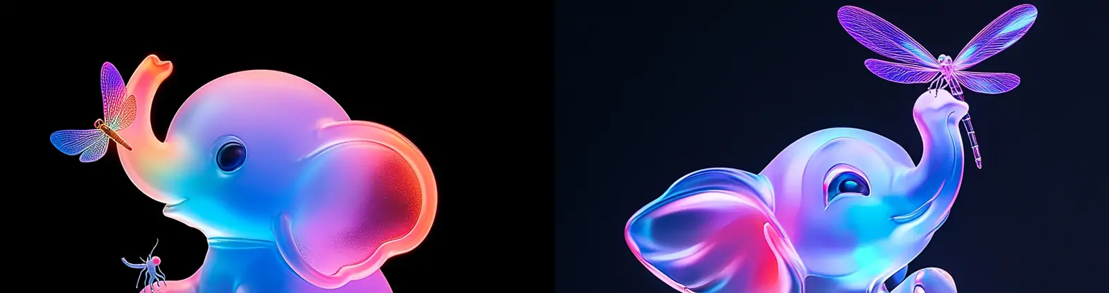 彩色渐变透明玻璃可爱小象蜻蜓动物发光体立体模型midjourney关键词咒语
