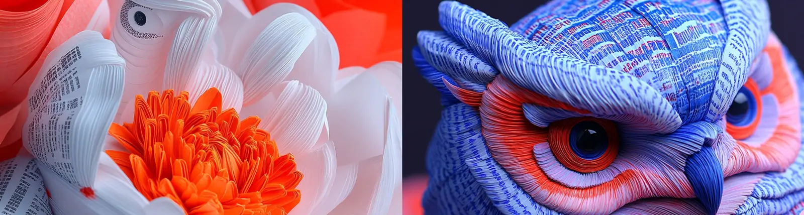 3D立体彩色剪纸艺术动物鸟类猫头鹰鲜花工艺品模型插图海报midjourney关键词咒语