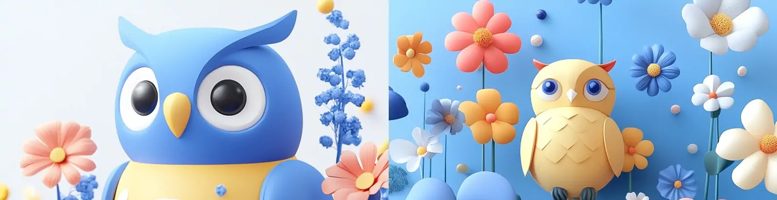 3D立体趣味卡通鲜花植物动物鸟类猫头鹰模型插图海报midjourney关键词咒语