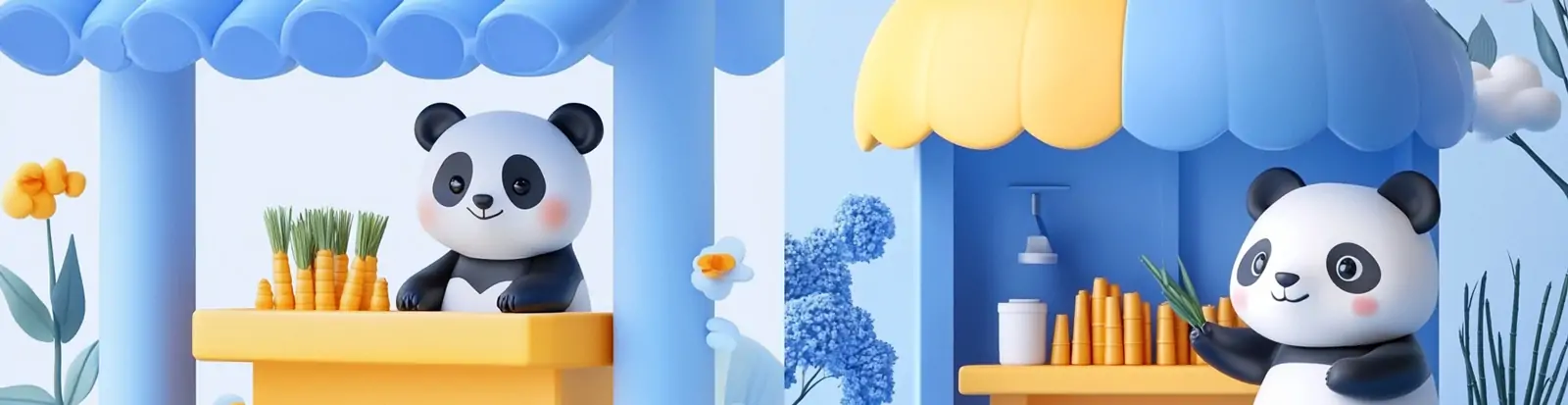 可爱卡通3D立体小熊猫售卖竹笋场景插图海报midjourney关键词咒语