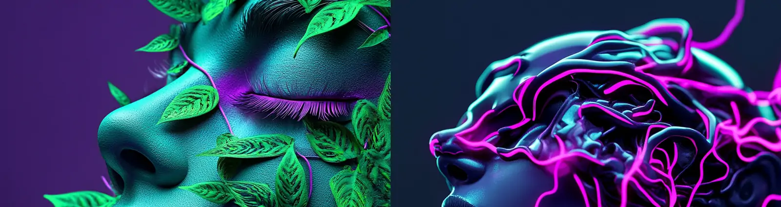 未来主义迷幻色彩紫色绿色霓虹光效人物图形数字艺术海报背景midjourney关键词咒语