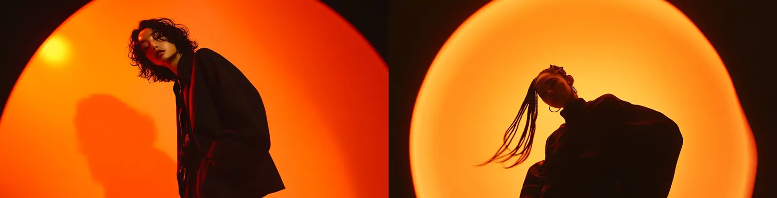 创意潮流人物摆拍橙色背景剪影效果摄影海报midjourney关键词咒语