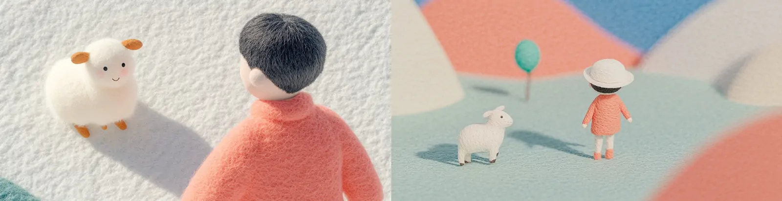 极简主义可爱卡通男孩小羊游乐园羊毛毡风格场景插图海报midjourney关键词咒语