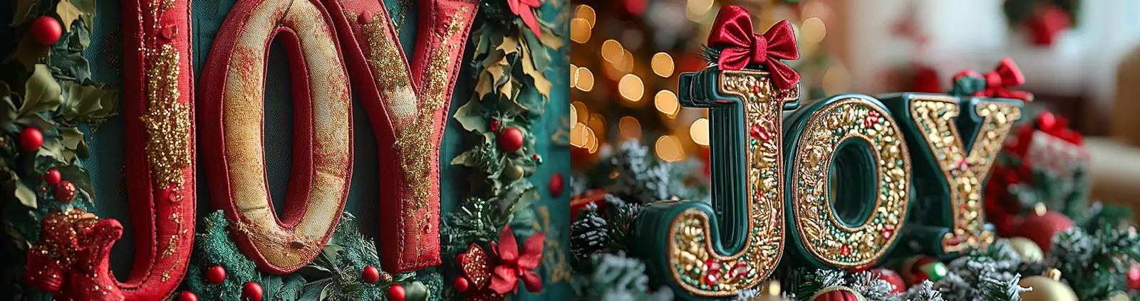 圣诞节彩带蝴蝶结装饰JOY立体英文场景空间摄影海报midjourney关键词咒语