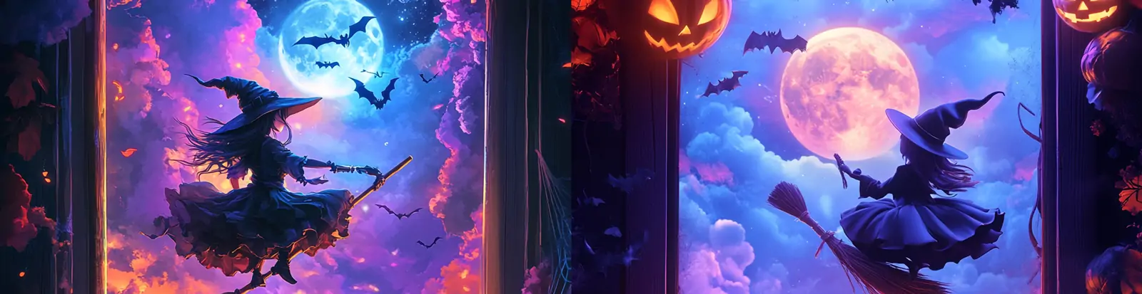 万圣节紫色可爱女巫角色骑着扫帚飞行南瓜月亮装饰场景海报midjourney关键词咒语