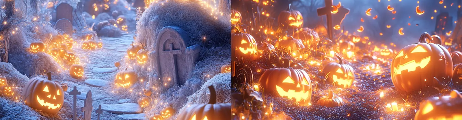 万圣节南瓜灯蜡烛墓碑神秘恐怖气氛概念艺术插图海报midjourney关键词咒语