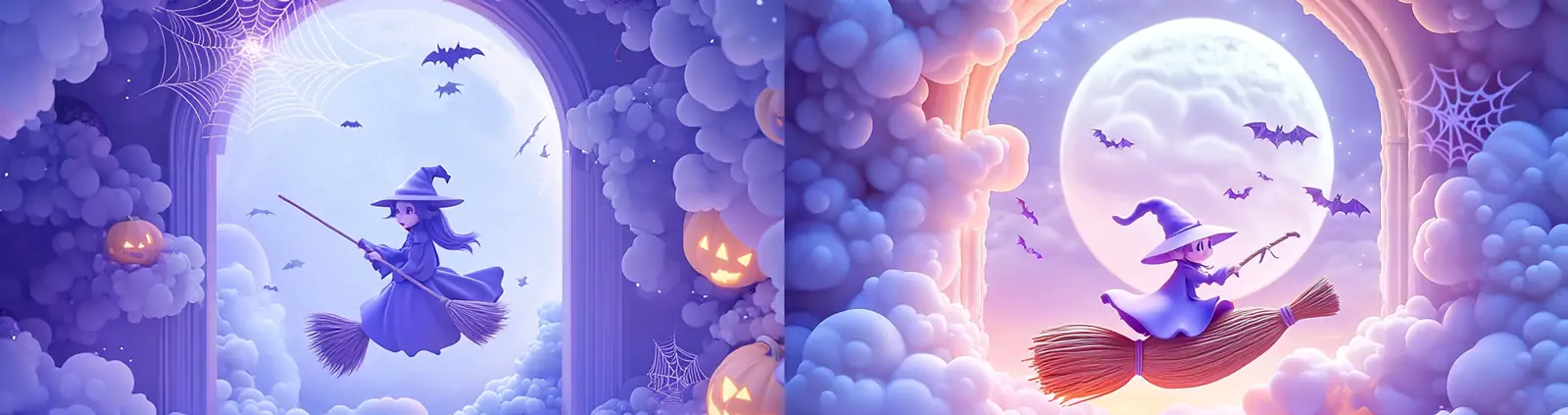 紫色万圣节可爱女巫骑着扫帚飞行南瓜月亮云朵装饰场景插图海报midjourney关键词咒语