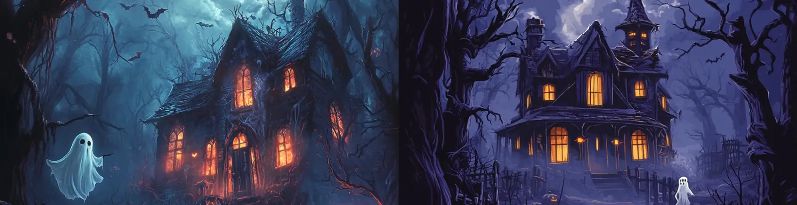 神秘紫色万圣节南瓜灯幽灵鬼屋城堡月亮场景插图海报midjourney关键词咒语