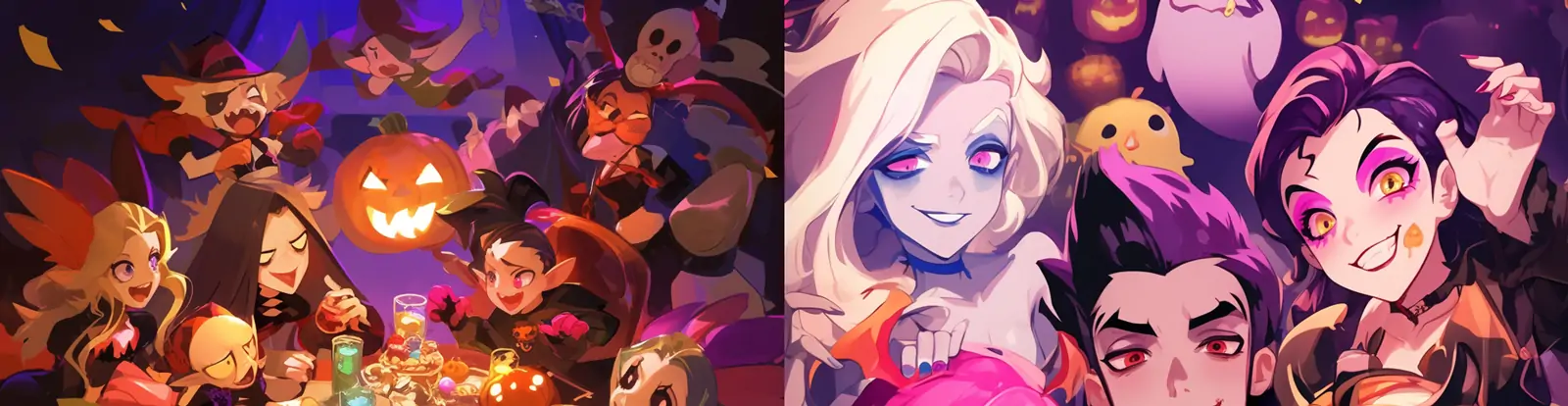 手绘动漫卡通人物万圣节主题角色派对场景插图海报midjourney关键词咒语
