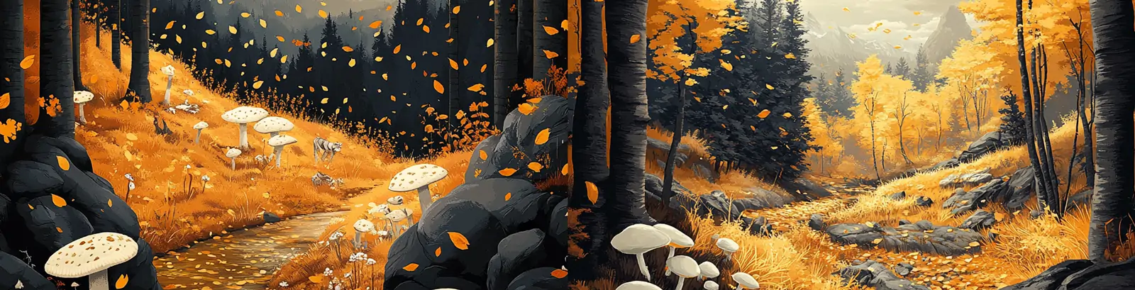 金色秋天树叶森林蘑菇场景插图海报midjourney关键词咒语