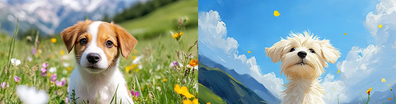 可爱狗狗草原鲜花自然风景蓝天白云场景摄影插图绘画海报midjourney关键词咒语