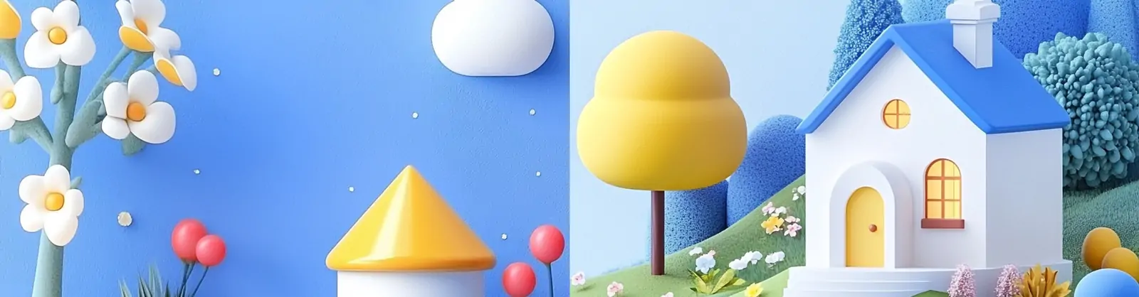 极简主义3D立体卡通乡村房屋建筑场景模型插图海报midjourney关键词咒语