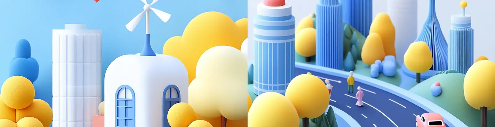 极简主义3D立体卡通城市建筑街道风车场景模型插图海报midjourney关键词咒语